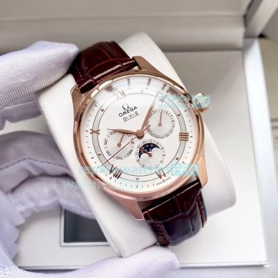 Super Replica Omega De Ville White Dial Brown Leather Strap Rose Gold Bezel 40mm